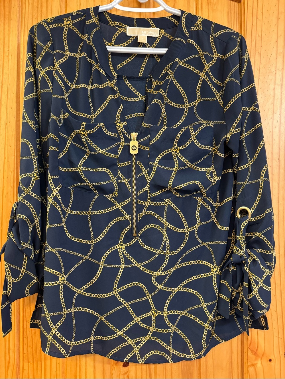 Michael Kors Navy Blouse with Gold Chain-Link Print